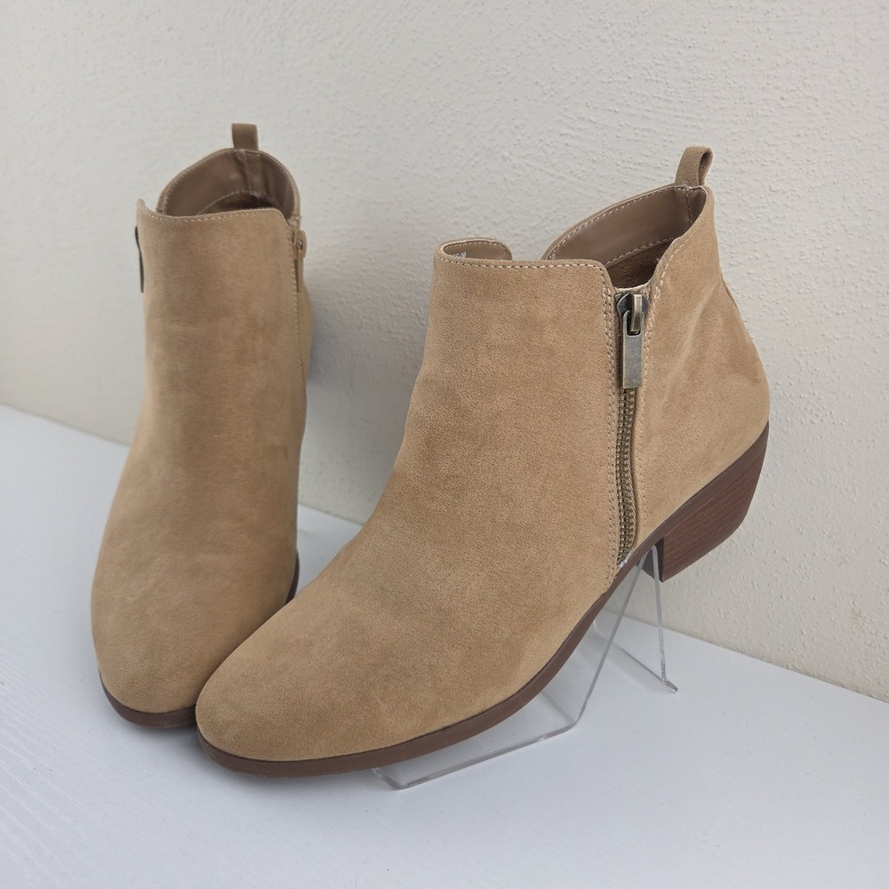 Toetos Bootie Faux Suede Tan Side Zip Block Heel Women's Boots Size 9 M
